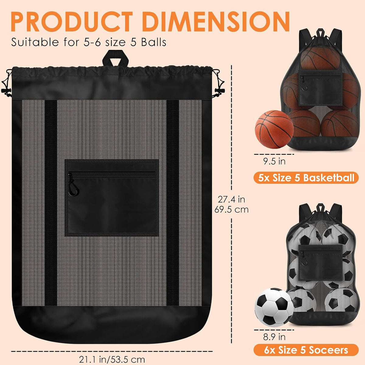 Large Mesh Soccer Ball Bag with Double Shoulder Strap