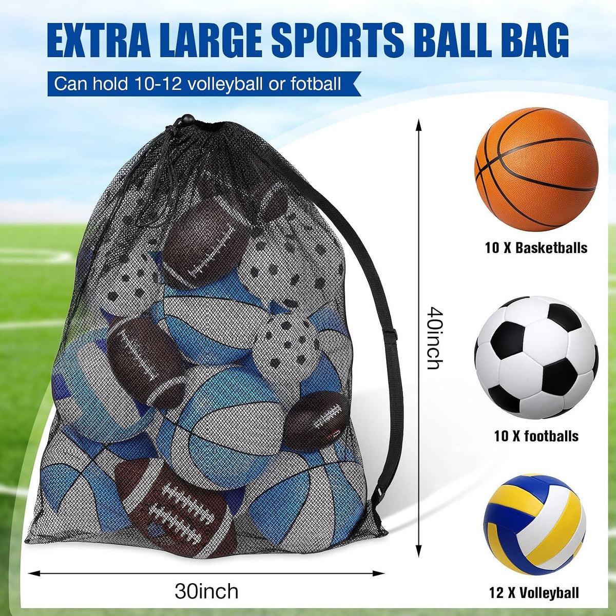 Extra Large Sport Ball Bag 30 x 40'' Mesh Big Soccer Bag