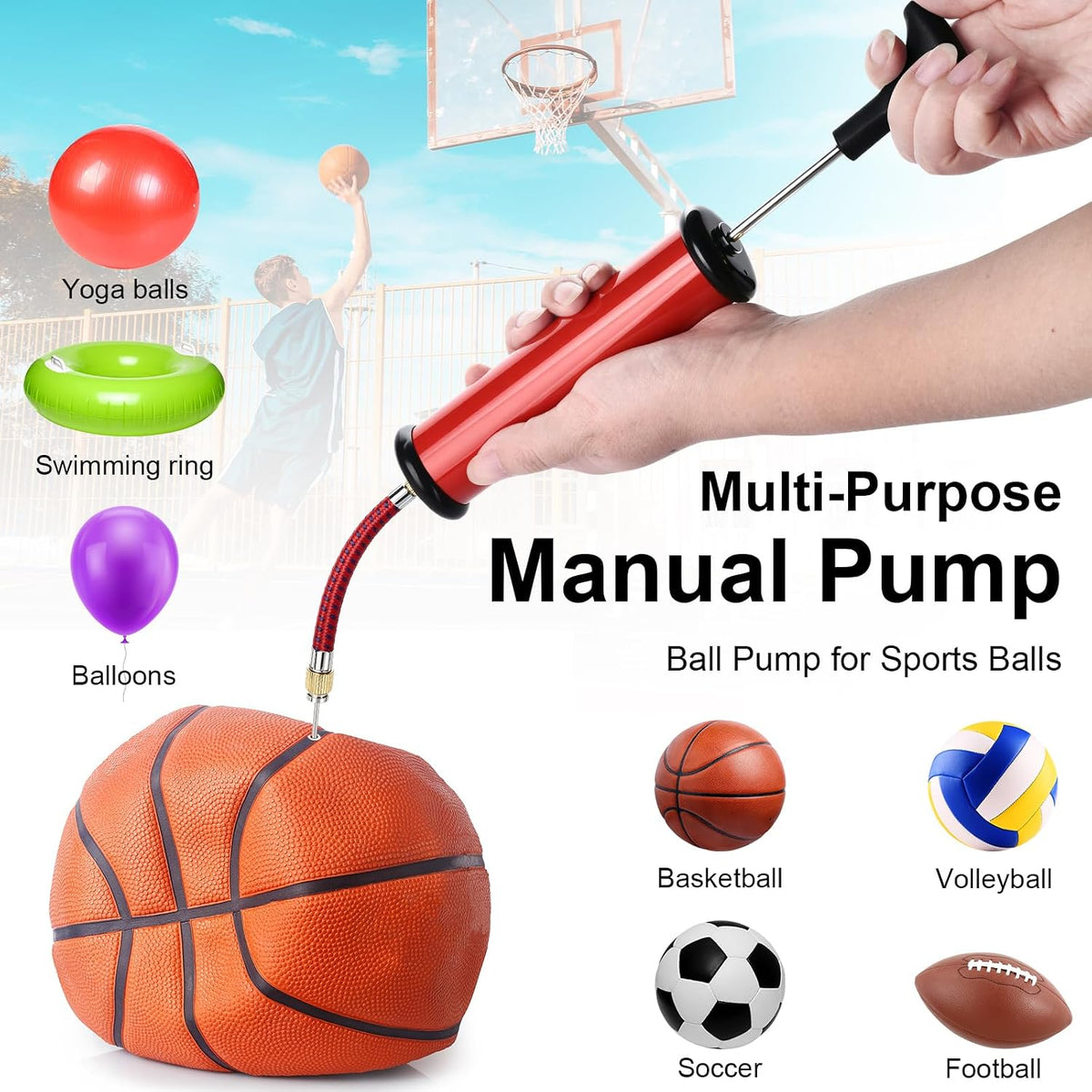 2 Set Ball Hand Pump with Needles, Nozzles & Extension Hoses, Manual Sports Ball Inflator Kit, Universal Air Pump for Basketball, Soccer, Football, Volleyball, Yoga Balls, Portable Manual Inflator Kit