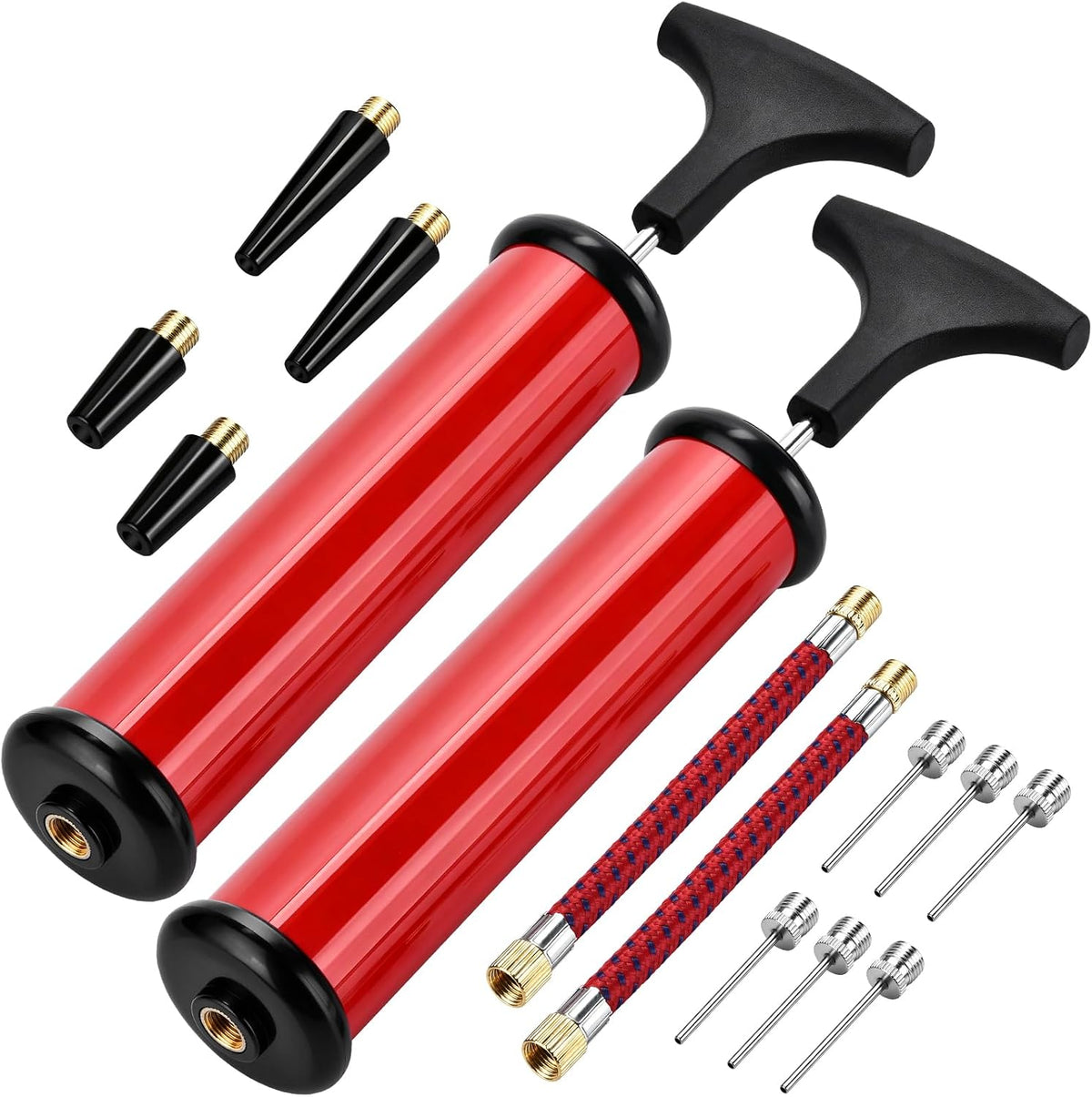 2 Set Ball Hand Pump with Needles, Nozzles & Extension Hoses, Manual Sports Ball Inflator Kit, Universal Air Pump for Basketball, Soccer, Football, Volleyball, Yoga Balls, Portable Manual Inflator Kit