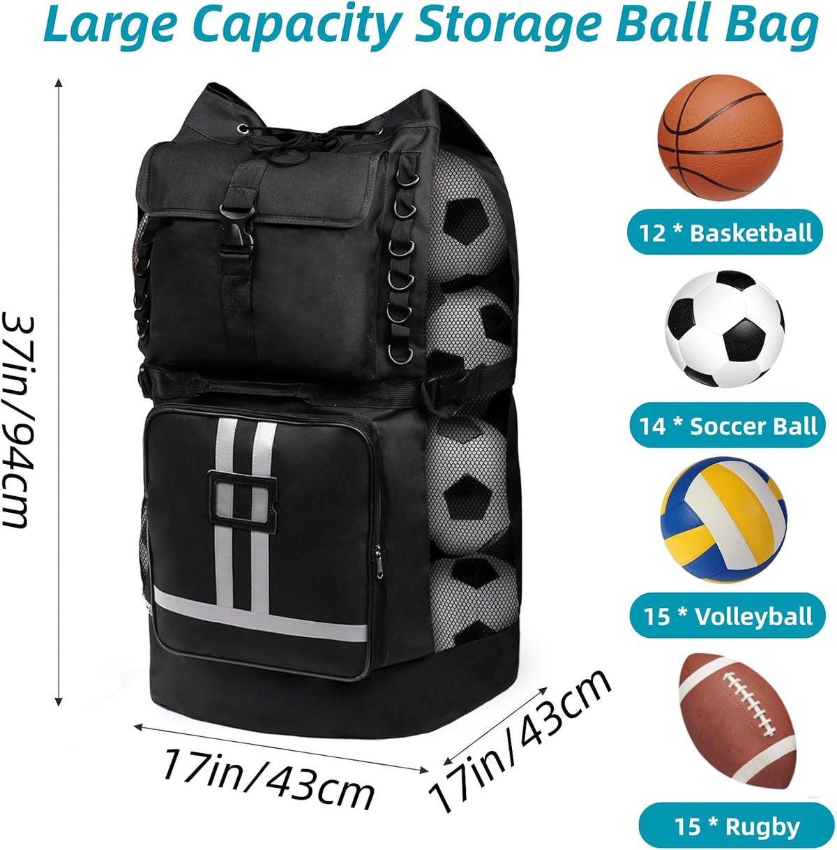 Soccer Ball Bag with Pockets, Holds 14-16 Balls, Extra Large Sports Equipment Ball Bag with Adjustable Shoulder Straps, Heavy Duty Basketball Football Storage Bag for Coach, Players, Trainers
