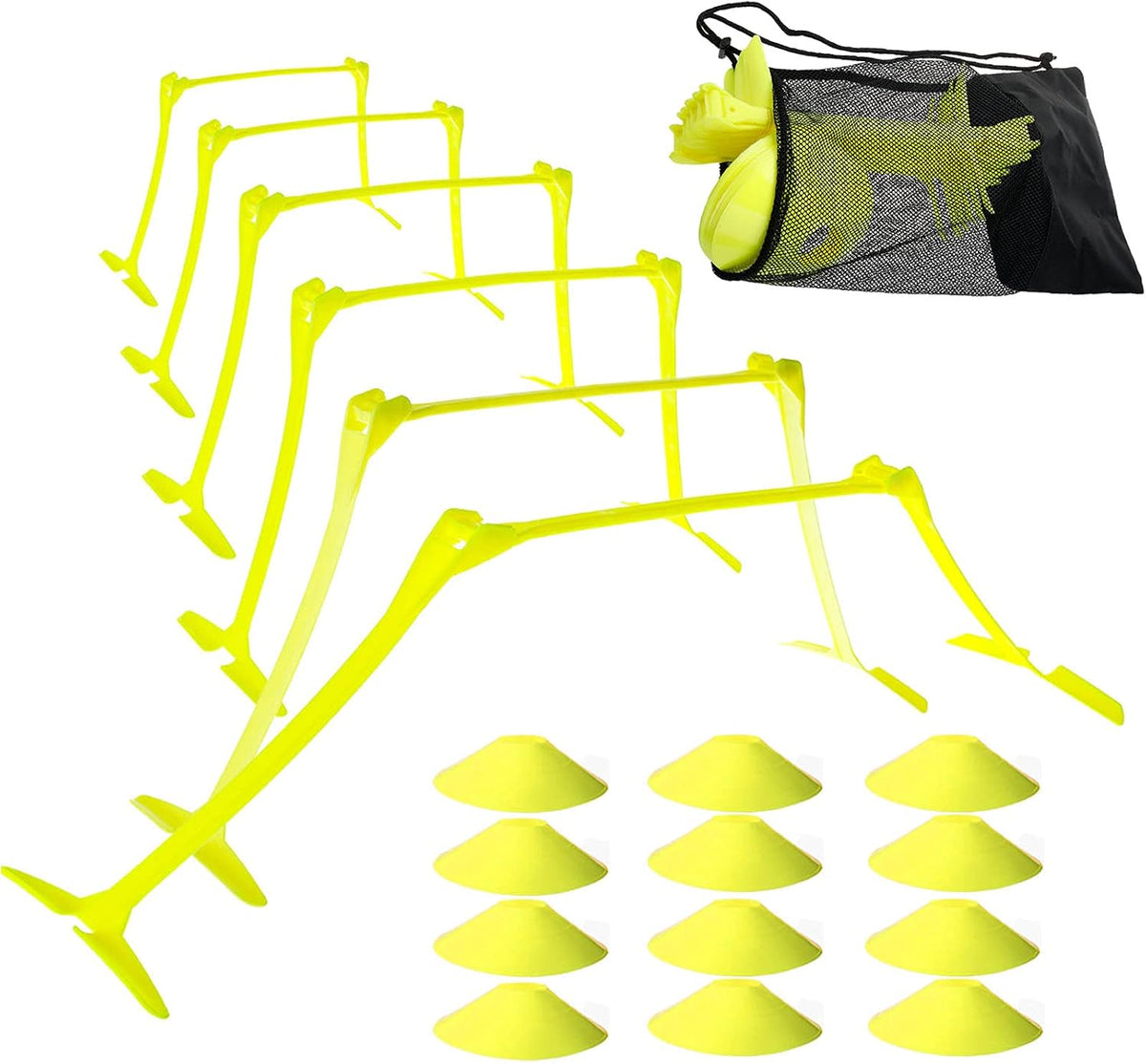 6 Pcs Adjustable Hurdles and 12 Pcs Speed Cones Set - Adjustable Height 6" 9" 12" for Soccer, Plyometric Speed Training, Carry Bag Included