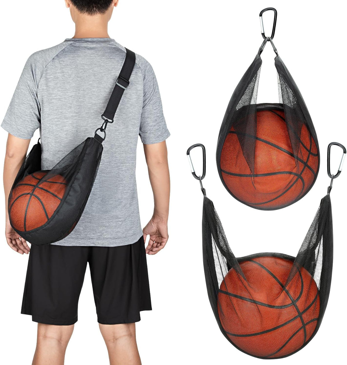 Single Ball Bag with Zipper Pocket Mesh Shoulder Bag with Buckle Clip Sport Equipment Storage Net for Carrying Multiple Sports - Basketball, Soccer, Volleyball, Rugby & More