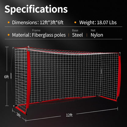Soccer Goal, 12x6FT Easy Setup Soccer Goals for Backyard with Metal Base, Portable Soccer Net for Teens/Adults, Large Equipment for Training, Soccer Goal for Practice with Carry Bag