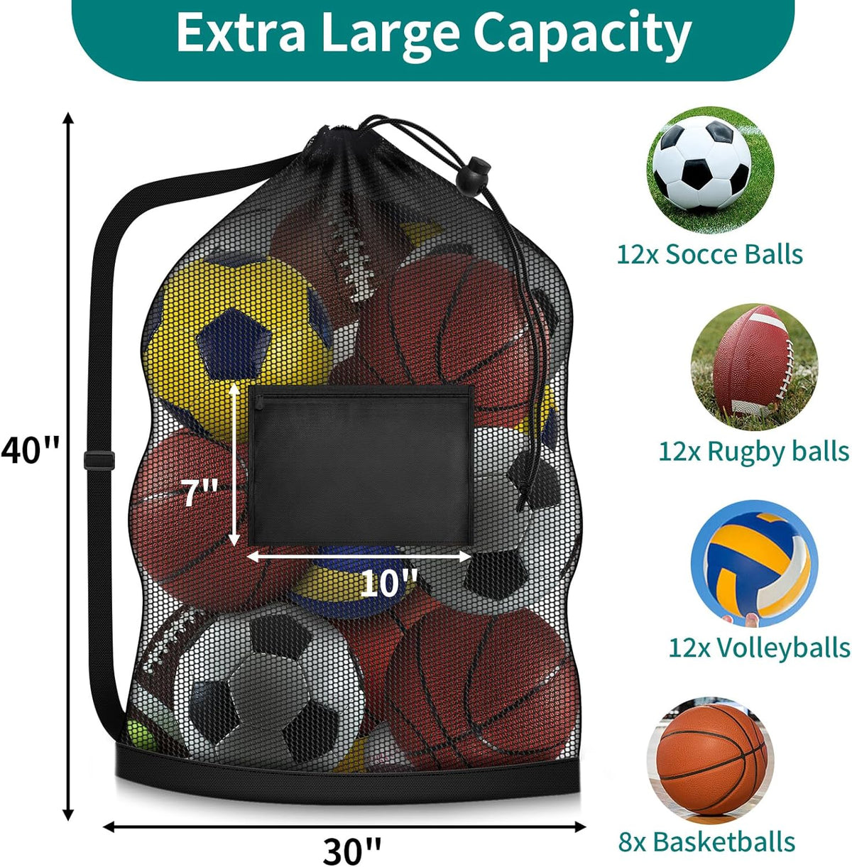 Extra Large Soccer Ball Bag, 40"x30" Drawstring Heavy Duty Mesh Net