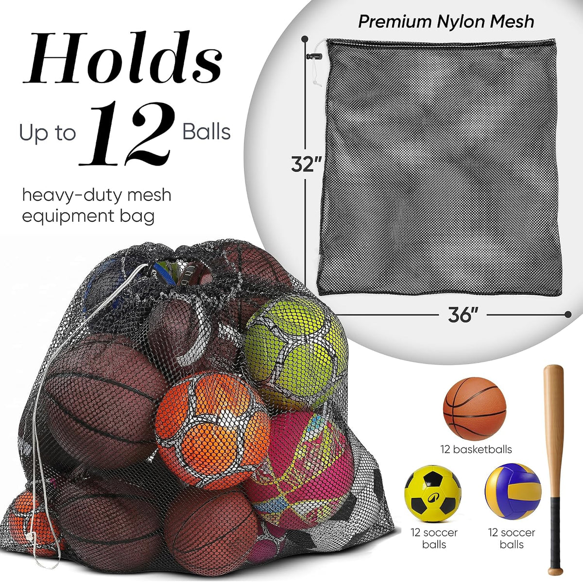 Mesh Equipment Bag, Adjustable, Cord Closure, 32"x36" and 24”x36”