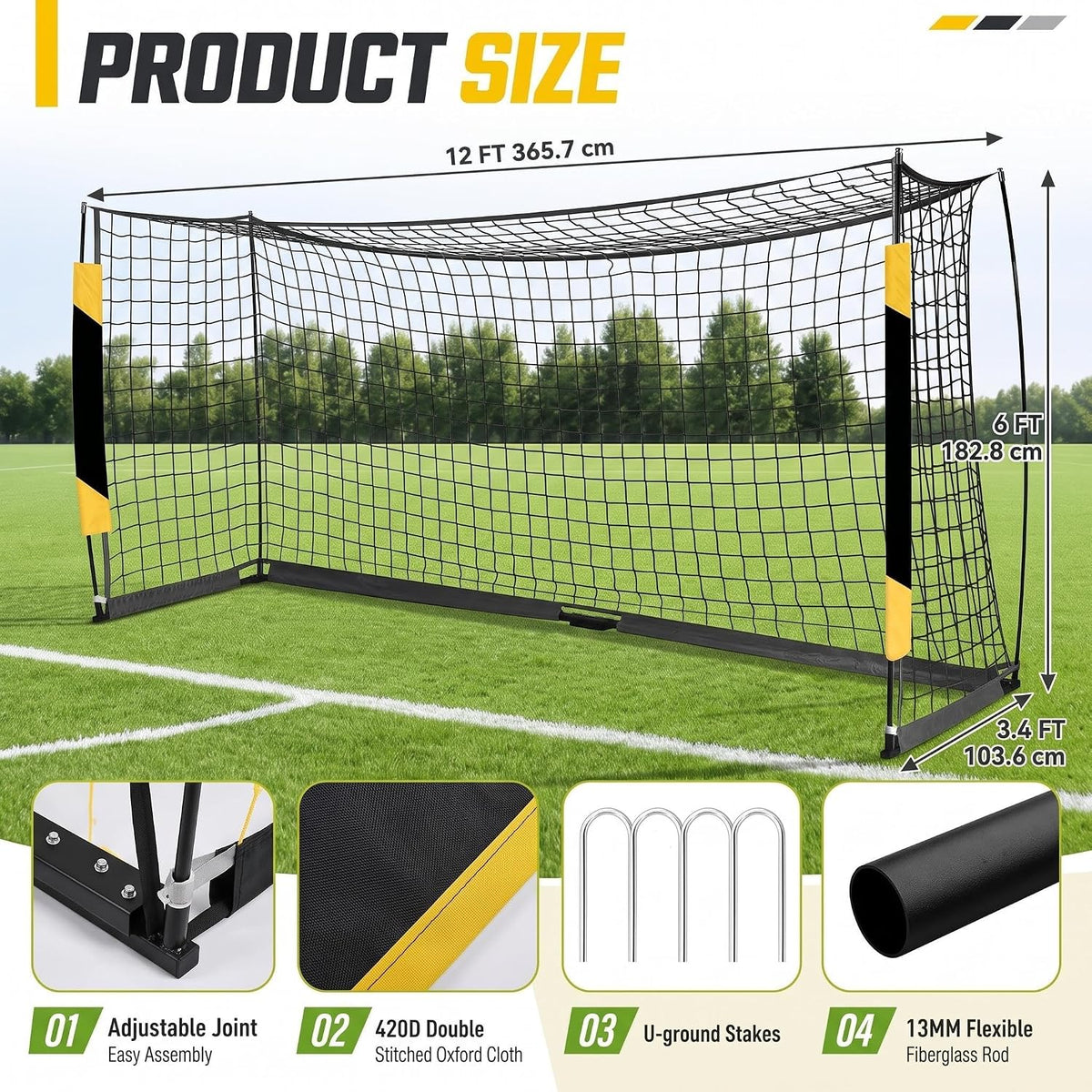 Soccer Goal, 12X6 ft Soccer Goal for Backyard Portable Net Collapsible Metal Frame, Quick Set Up Soccer Net for Indoor Outdoor Practice Training with Carry Bag, Black and Yellow