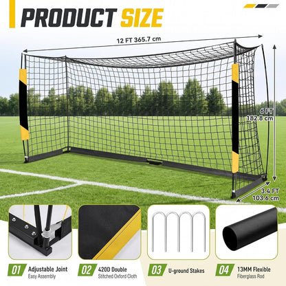 Soccer Goal, 12X6 ft Soccer Goal for Backyard Portable Net Collapsible Metal Frame, Quick Set Up Soccer Net for Indoor Outdoor Practice Training with Carry Bag, Black and Yellow